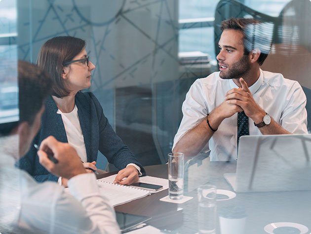 Professionals discussing business matters around a meeting table